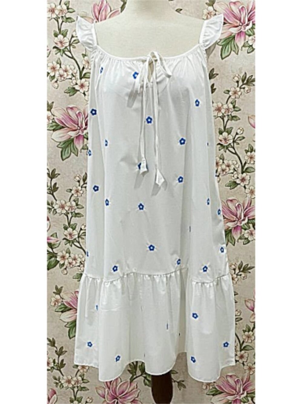 SoieRose White Bluebell Floral 100% Cotton Victorian Nightgown - SR-1291